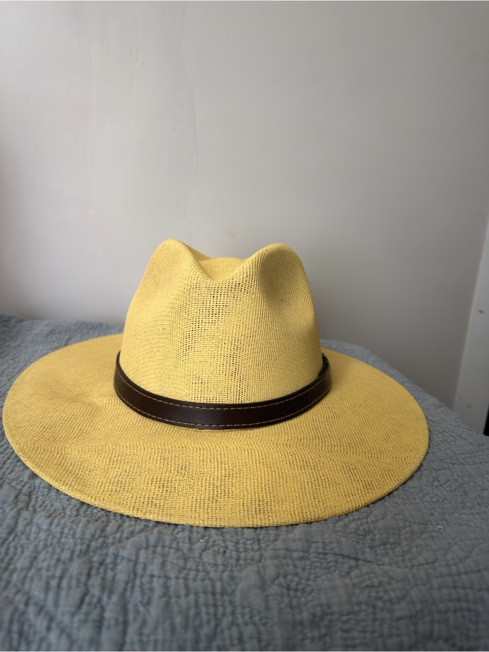 Women Yellow Straw Fedora Hat with Brown Band